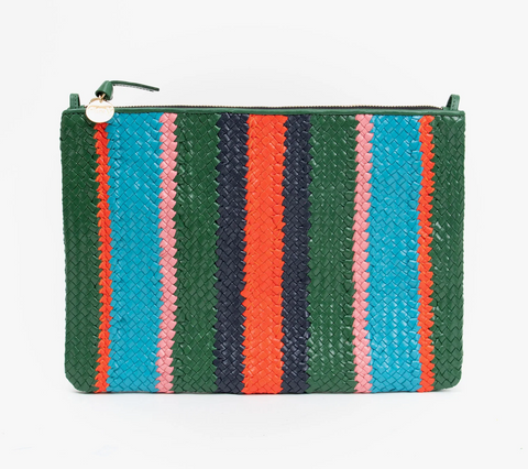clare v evergreen stripe flat clutch with tabs at maeree