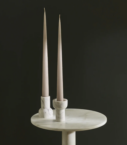 white marble candle holders at maeree aaron probyn