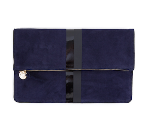 Navy Suede Striped Foldover Clutch