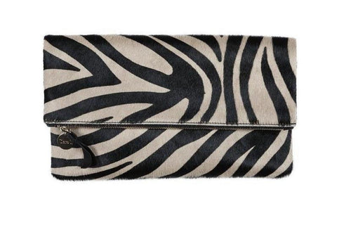 clare v zebra hair on hide foldover clutch