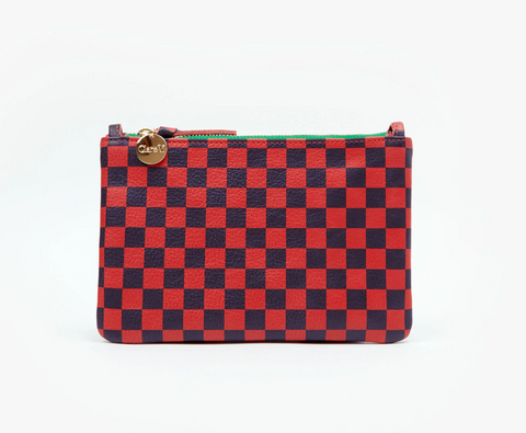 clare v red and navy checker leather wallet clutch with tabs at maeree