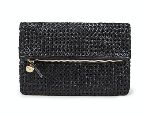 clare v black woven rattan foldover clutch at maeree