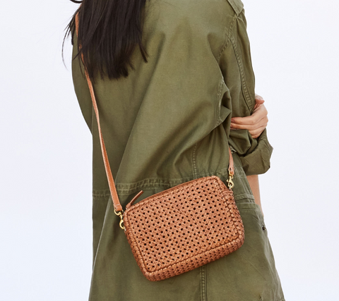 Clare V. Midi Sac Woven Leather Crossbody Bag in Tan Rattan