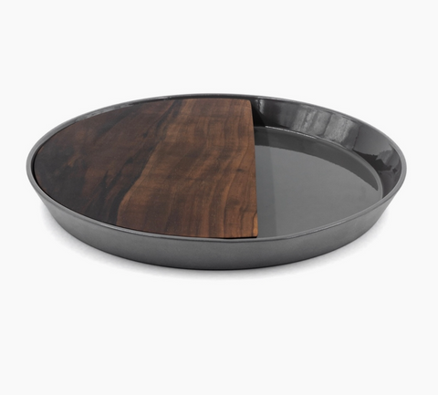 Round Ceramic & Walnut Serving Platter