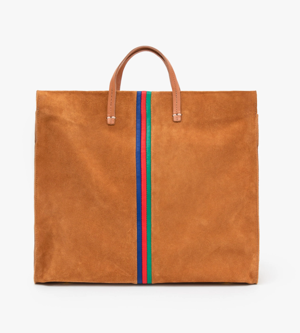 Simple Tote Camel Suede with Black & White Stripes – Clare V.