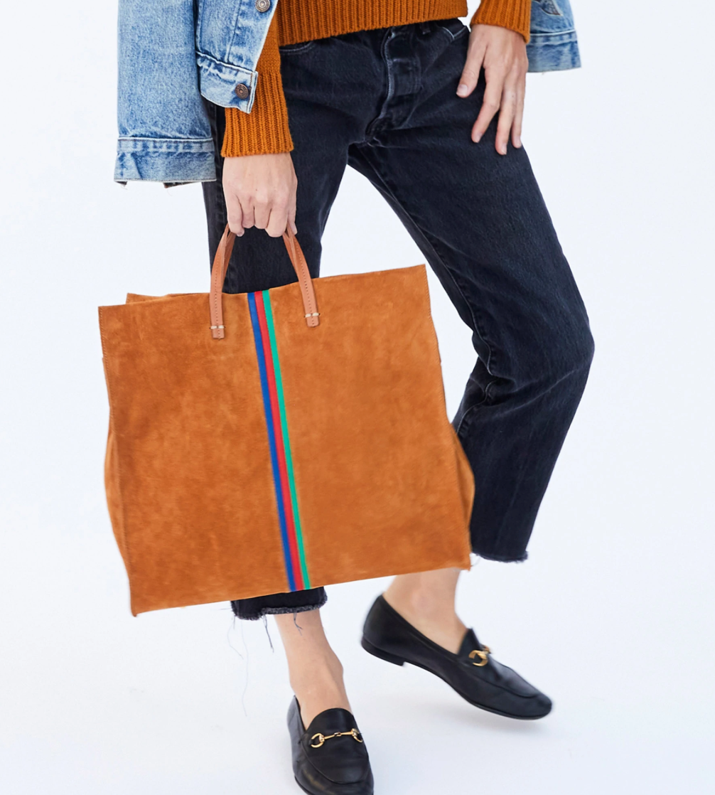 Camel Suede Stripe Tote Bag