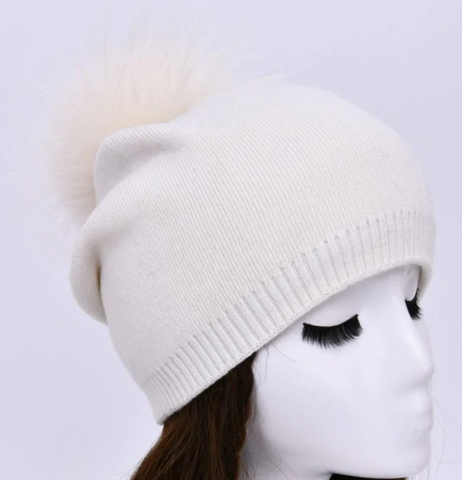 winter white cashmere blend beanie with faux fur pom pom at maeree