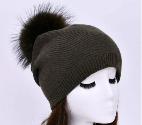 olive green cashmere blend beanie with faux fur pom pom at maeree
