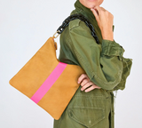 clare v camel and neon pink stripe foldover clutch with tabs at maeree