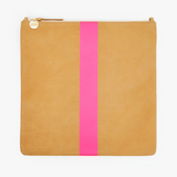 clare v camel and neon pink stripe foldover clutch with tabs at maeree