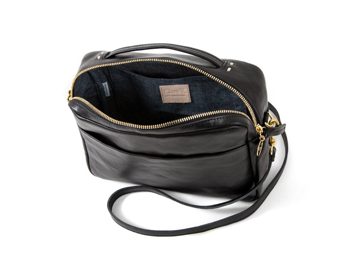 Clare V Midi Sac Leather Crossbody Bag In Black/ Fern Stripe