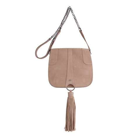 nude suede tasseled saddle bag maeree